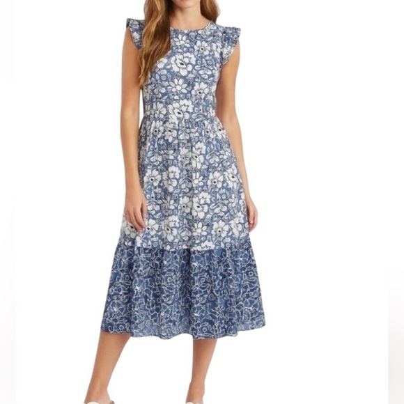 J CREW WOMENS BLUE FLORAL MIDI TIERED DRESS SLEEVELESS 4 COTTON - Picture 1 of 8
